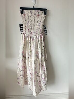 HYFVE Cream Floral Smocked Midi Dress with Pink and Lavender Blooms